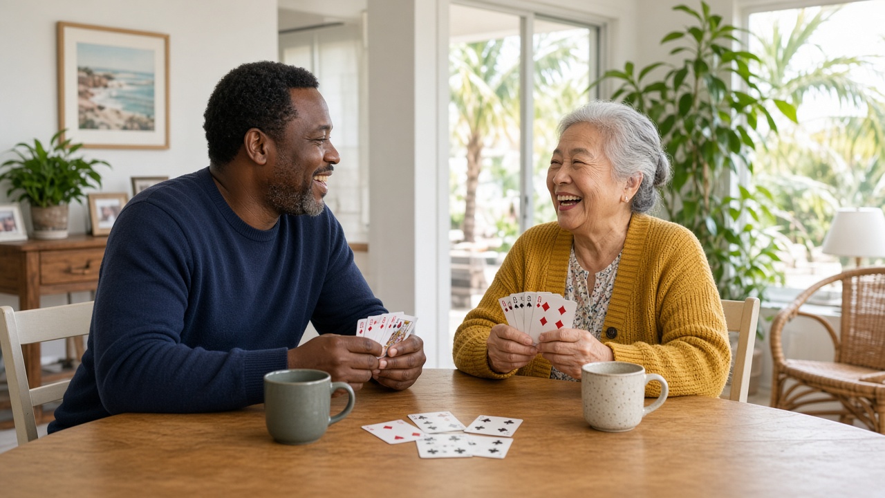 Caregiver providing companion homecare in a Melbourne, Florida living room