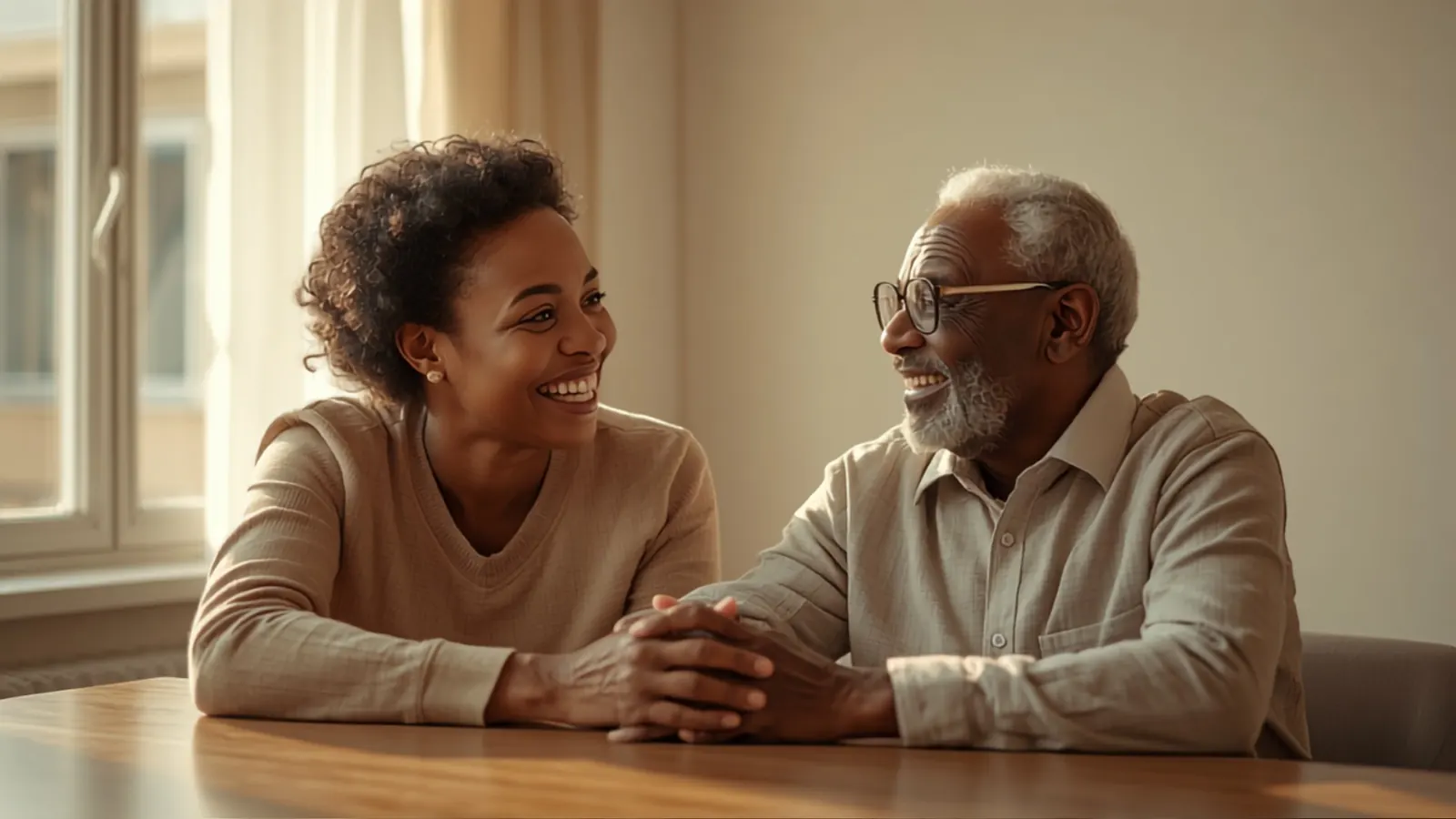 Caregiver sharing a conversation with a senior during an in-home companion care visit on Florida's Space Coast