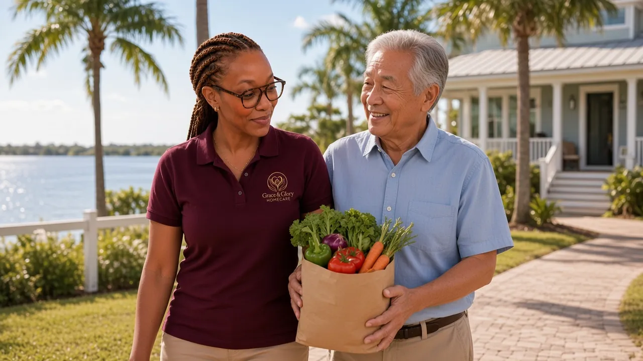 Grace & Glory caregiver walking home with a senior man carrying fresh produce beside the Indian River on Merritt Island
