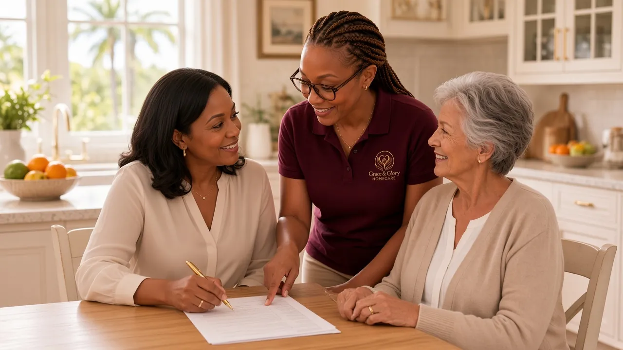 Adult daughter reviewing the Brevard family caregiver checklist with her mother and a Grace & Glory caregiver