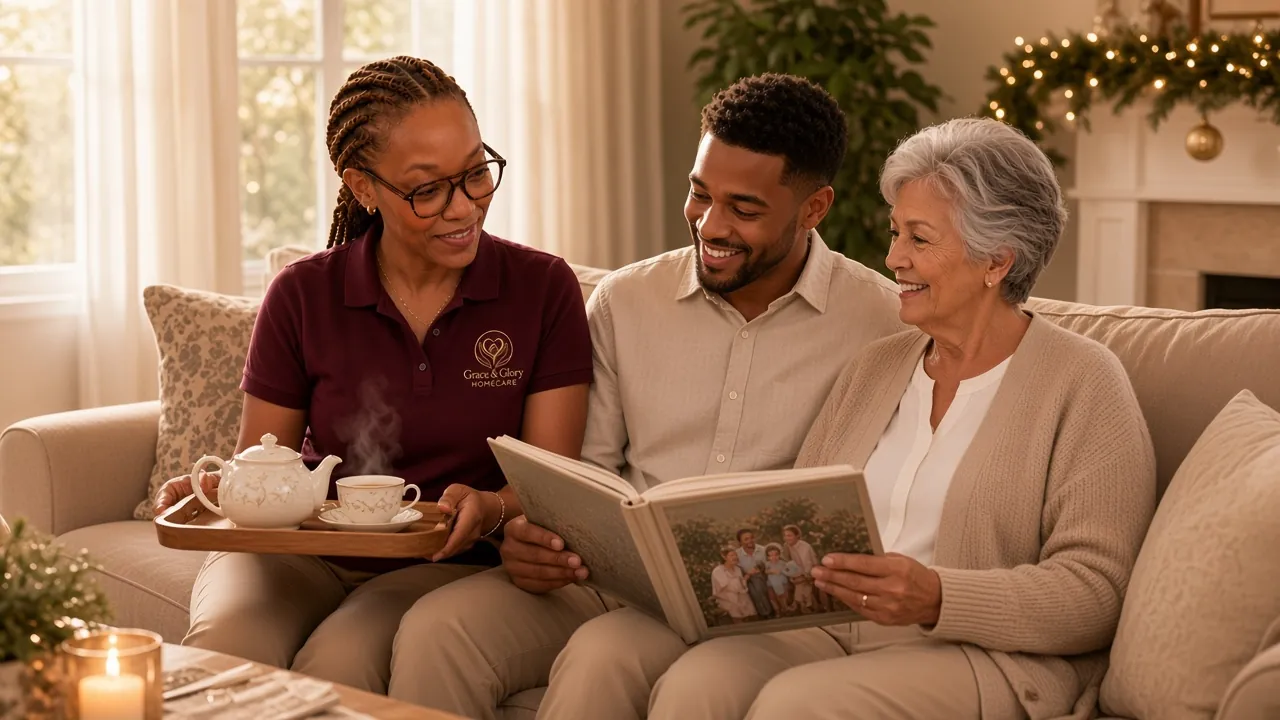 Family looking through a photo album with their elderly mother during a holiday visit as a Grace & Glory caregiver serves tea