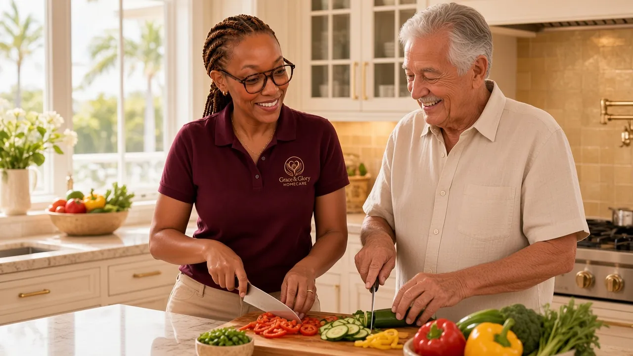 Grace & Glory caregiver cooking a fresh lunch with a senior man in his Brevard County kitchen