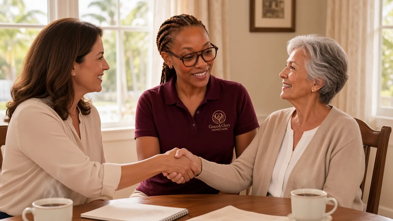 Adult daughter and her mother meeting a Grace & Glory caregiver at the kitchen table during a free consultation