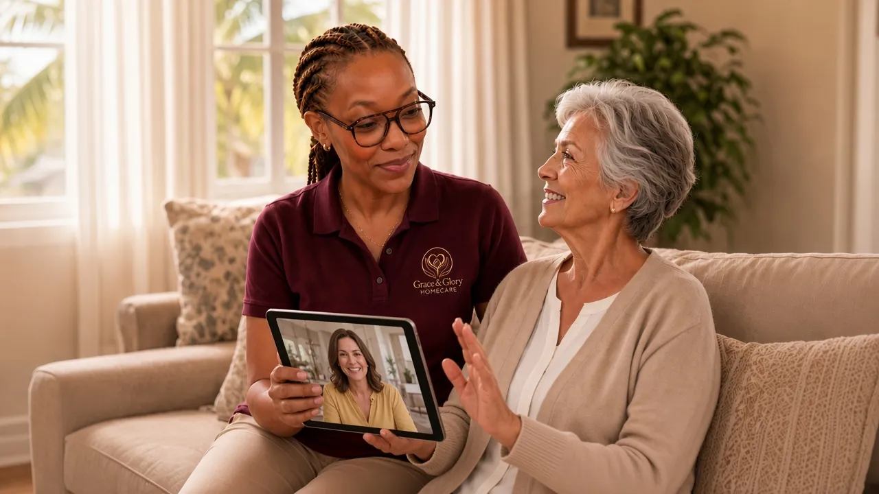 Grace & Glory caregiver holding a tablet so a Brevard senior can video call her daughter who lives out of state