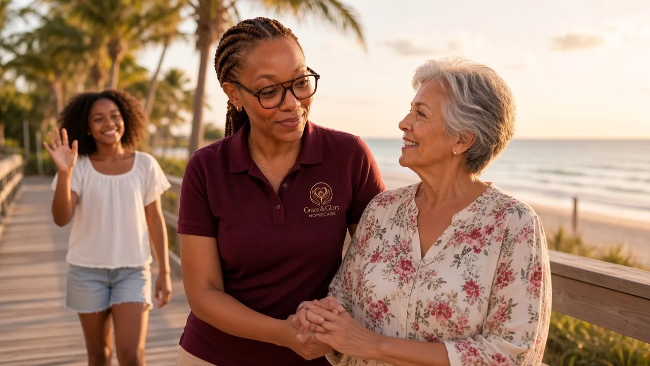 Grace & Glory caregiver walking arm in arm with a senior woman on a Brevard beach boardwalk while a family member takes a break