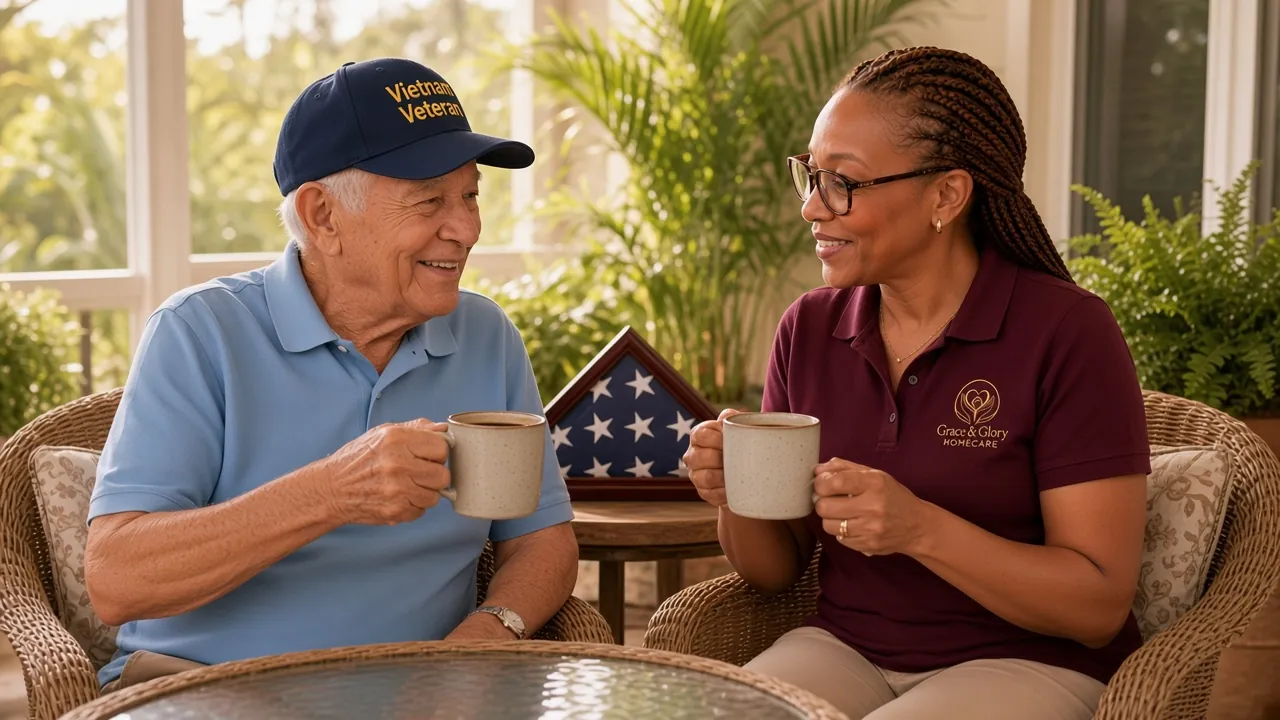 Grace & Glory caregiver in a burgundy polo sharing coffee and conversation with a Vietnam veteran on a Brevard County lanai